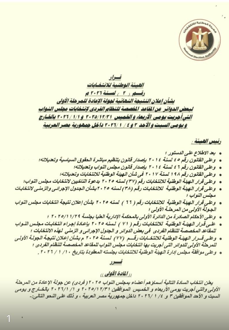 النتيجة الرسمية لجولة إعادة 27 دائرة انتخابية بانتخابات النواب (2)