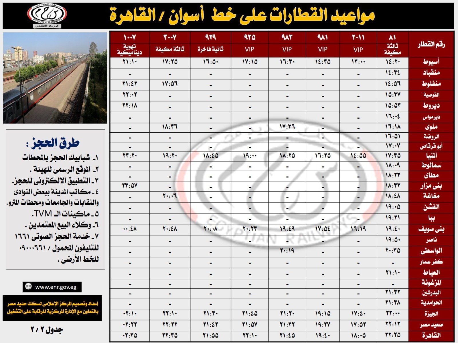 مواعيد قطارات السكة الحديد من أسوان إلى القاهرة (9) مواعيد قطارات السكة الحديد من أسوان إلى القاهرة (9)