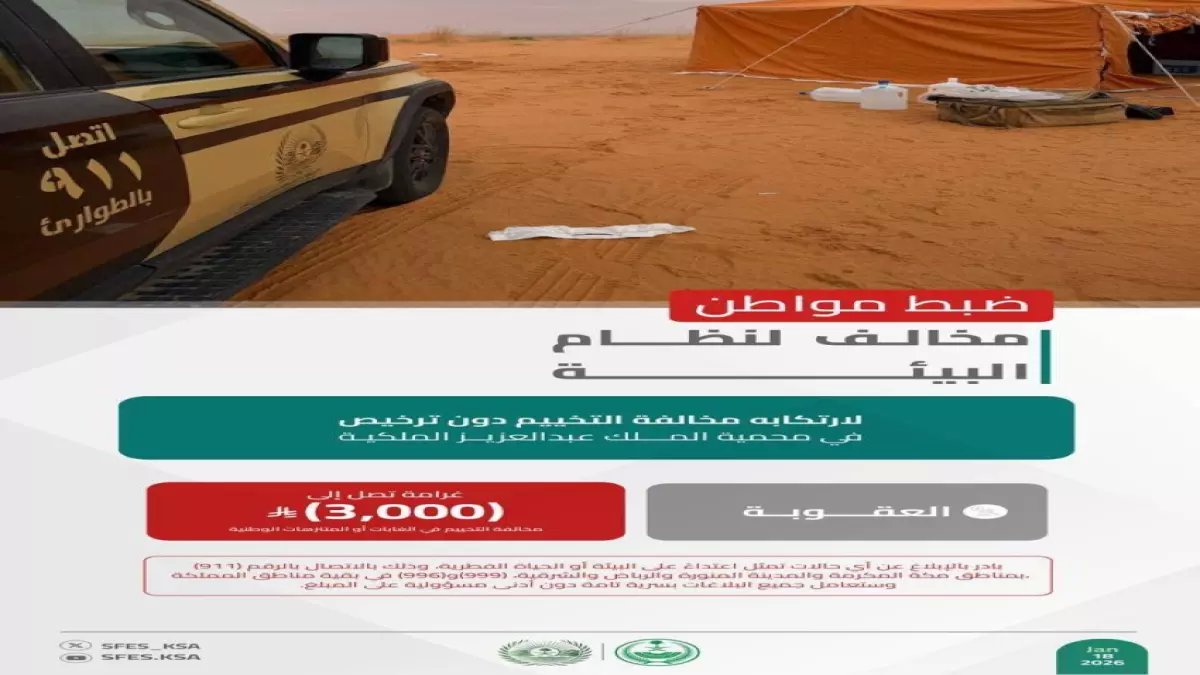 عاجل: ضبط مواطن يخيم بدون ترخيص في محمية الملك عبدالعزيز - غرامة 3000 ريال!