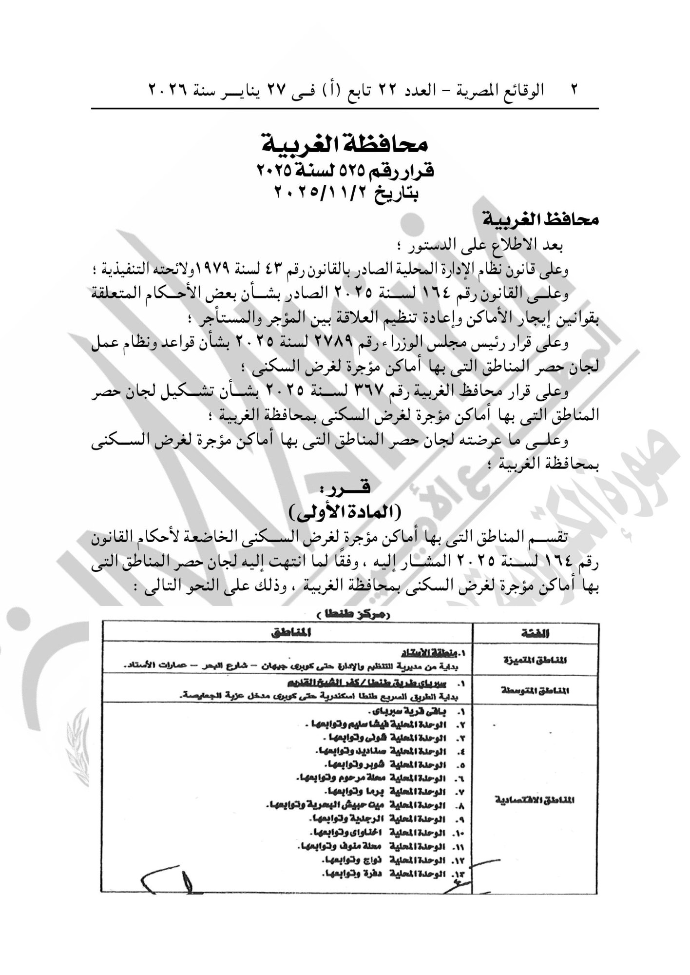 الجريدة الرسمية تنشر قرار تقسيم مناطق الإيجار القديم فى محافظة الغربية (2) الجريدة الرسمية تنشر قرار تقسيم مناطق الإيجار القديم فى محافظة الغربية (2)