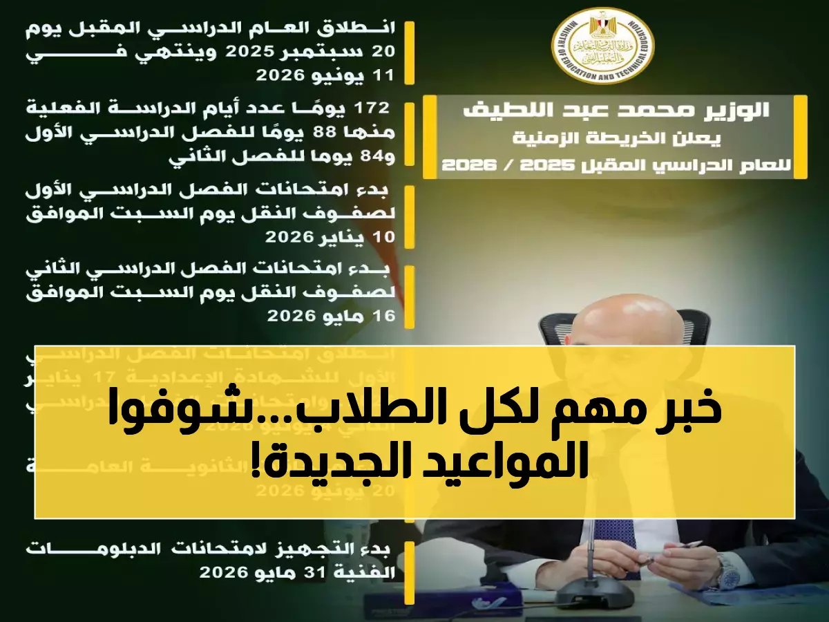  وزارة التعليم تحسم الجدول الزمني للترم الثاني 2026 - الدراسة تبدأ 7 فبراير وتنتهي 11 يونيو