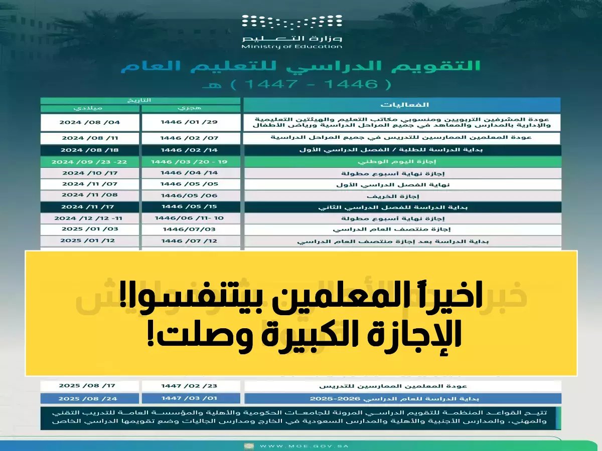  وزارة التعليم تعلن رسمياً 28 يوم إجازة مدفوعة للمعلمين والطلاب... تواريخ لن تصدقها!
