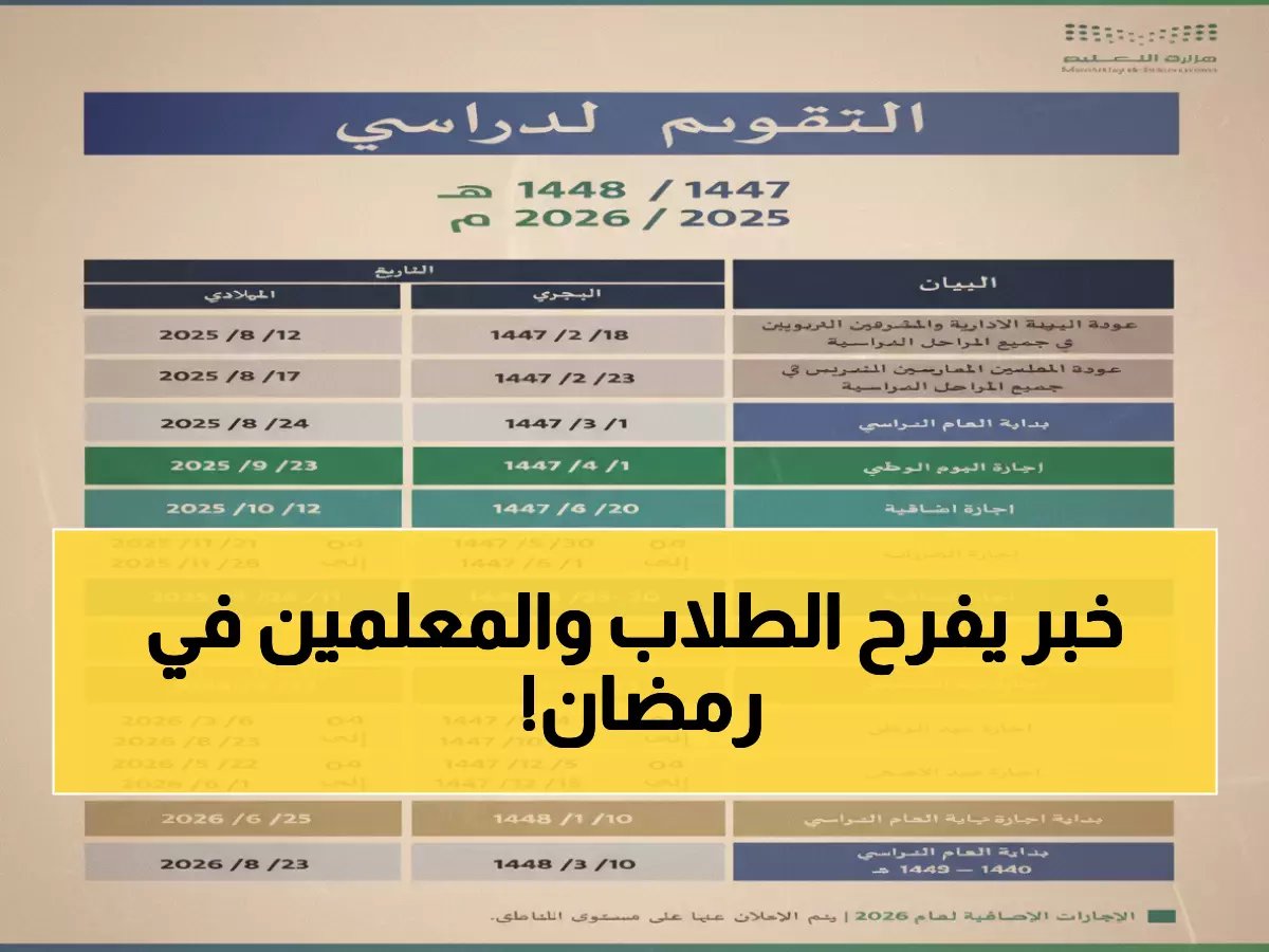  وزارة التعليم تعلن مفاجأة رمضان 2026 - الدوام 9 صباحاً والحصة 30 دقيقة فقط!