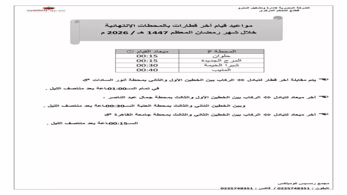 عاجل: مواعيد مترو القاهرة في رمضان 2026 تعلن رسمياً… زيادة صادمة في الرحلات ومد ساعات التشغيل ليلاً!