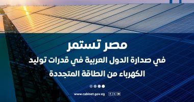 مجلس الوزراء: مصر تتصدر الدول العربية فى قدرات توليد الكهرباء من الطاقة المتجددة