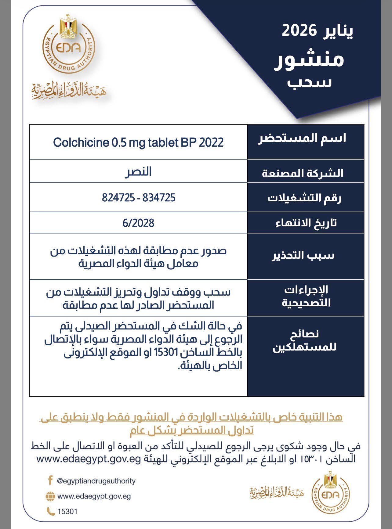 هيئة الدواء تسحب مستحضر لعلاج النقرس من الصيدليات