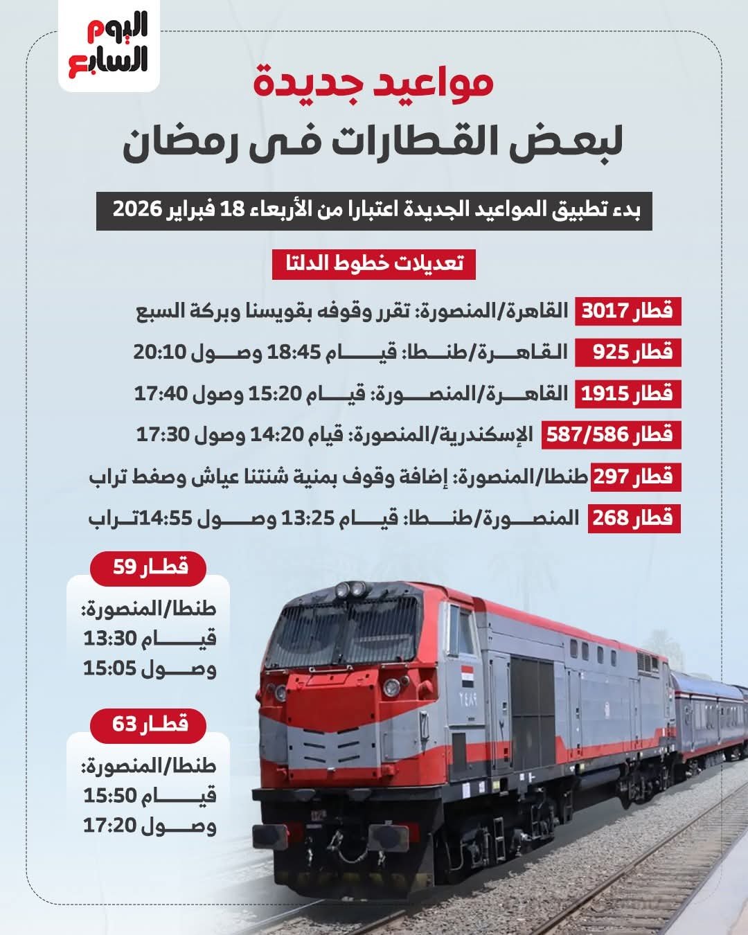 السكة الحديد تعلن تعديل مواعيد القطارات السكة الحديد تعلن تعديل مواعيد القطارات