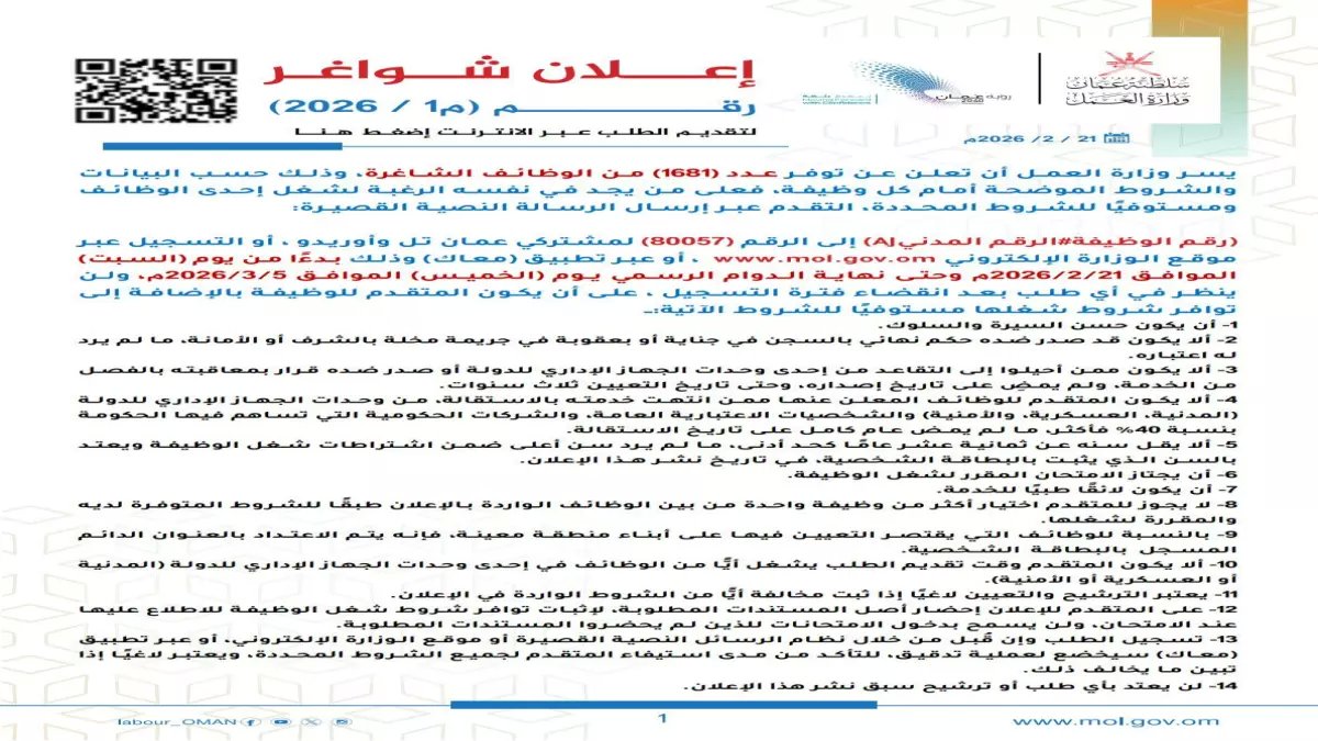 عاجل: سلطنة عمان تطرح 1681 وظيفة حكومية بمرتبات مغرية... التسجيل مجاني عبر SMS!