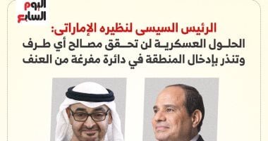 الرئيس السيسى لنظيره الإماراتى: الحلول العسكرية لن تحقق مصالح أي طرف.. إنفوجراف