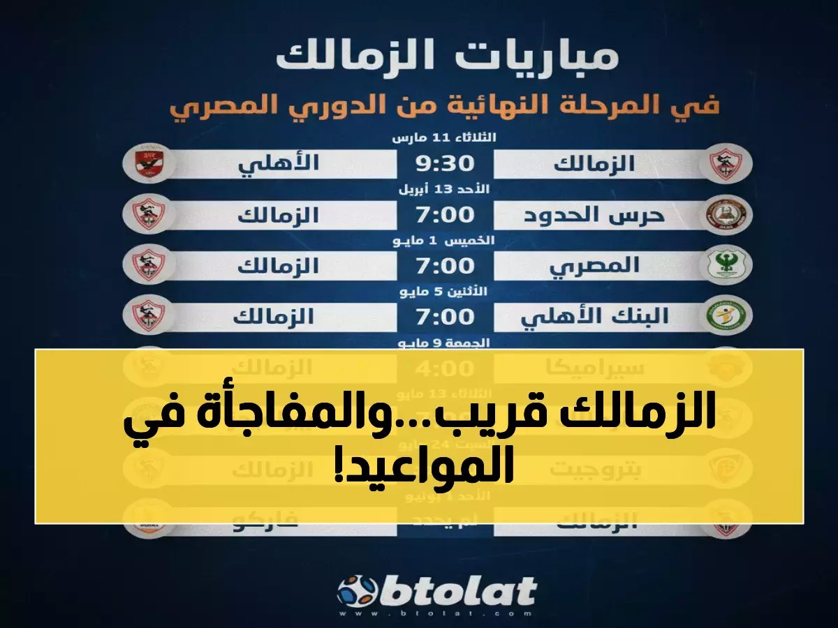  الزمالك يتصدر الدوري بـ40 نقطة… مباراتان فقط تفصله عن التتويج! شاهد المواعيد الصادمة