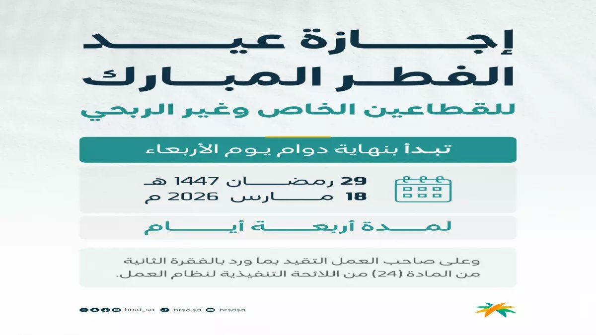 رسمي: 4 أيام إجازة عيد الفطر 2026 للقطاع الخاص.. تعرف على موعد البداية والعودة للعمل!