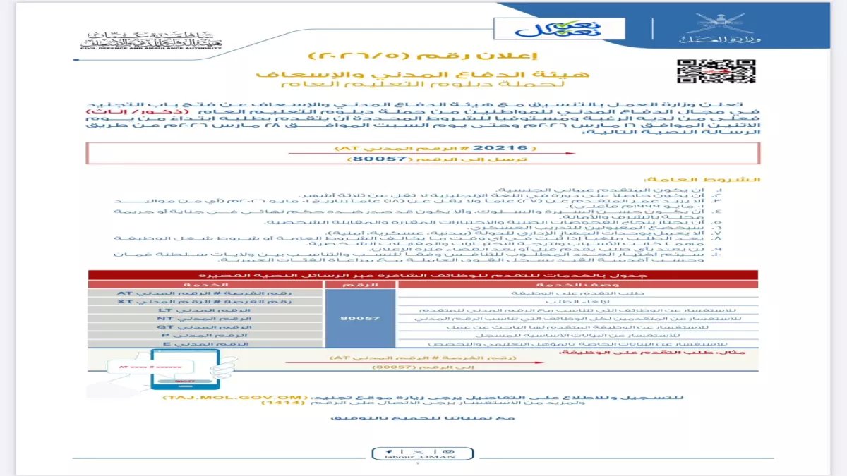 عاجل للعمانيين فقط: فتح باب الانضمام لهيئة الدفاع المدني والإسعاف 2026 للجنسين… موعد التسليم ينتهي قريباً!