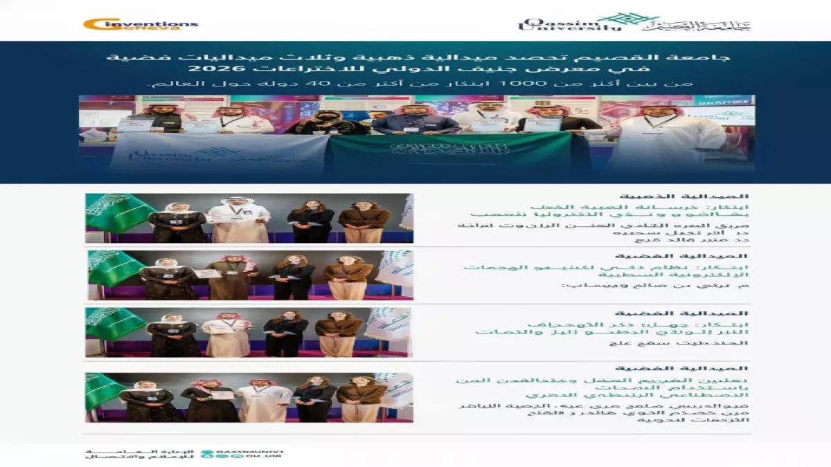 عاجل: جامعة القصيم تحطم الأرقام في جنيف... ميدالية ذهبية و3 فضيات تضع السعودية على خريطة الابتكار العالمي!