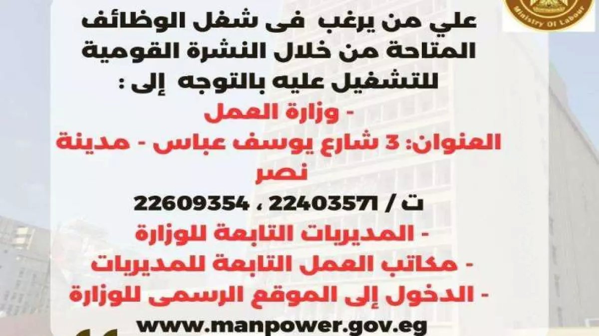 عاجل: وزارة العمل تطلق 105 وظائف براتب 9 آلاف جنيه في 7 مدن مصرية - التقديم خلال مارس فقط!