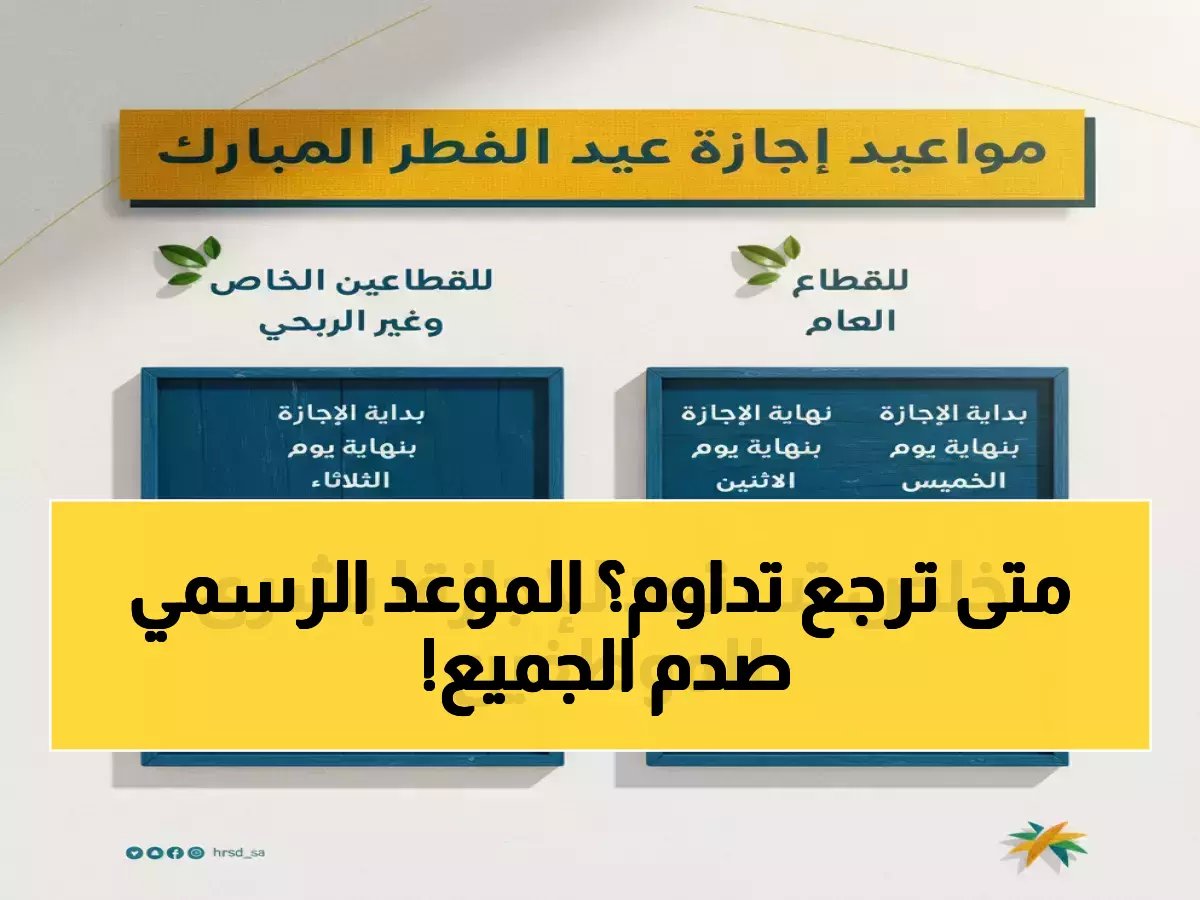  مواعيد العودة الرسمية للعمل بعد عيد الفطر 1447 - الحكومة 6 شوال والمصارف 8 شوال!