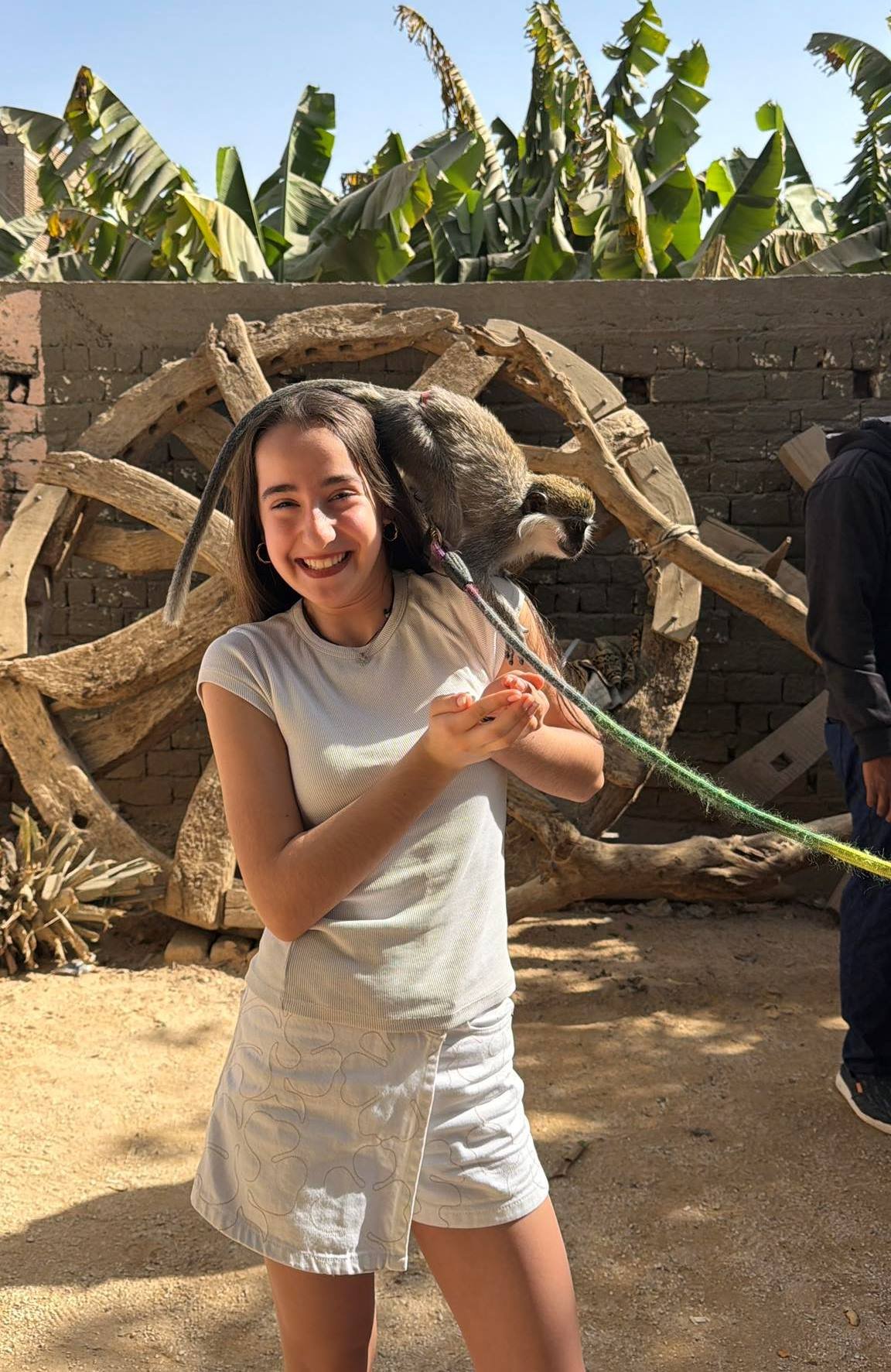 فرحة طفلة أجنبية تلهو مع القرود بجزيرة الموز