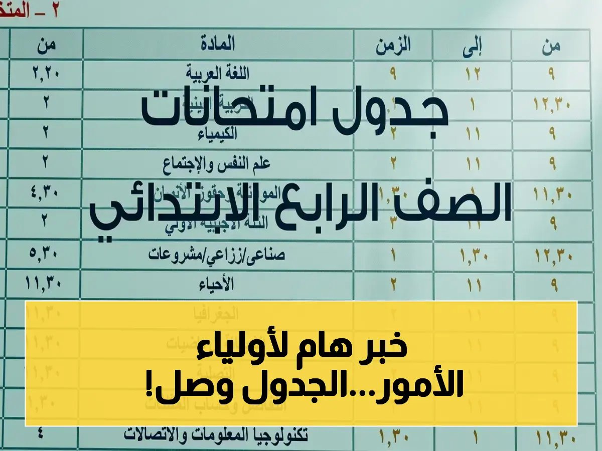  جدول امتحانات الصف الرابع الابتدائي 2026 في القاهرة والجيزة والإسكندرية… مواعيد رسمية لجميع المدارس!