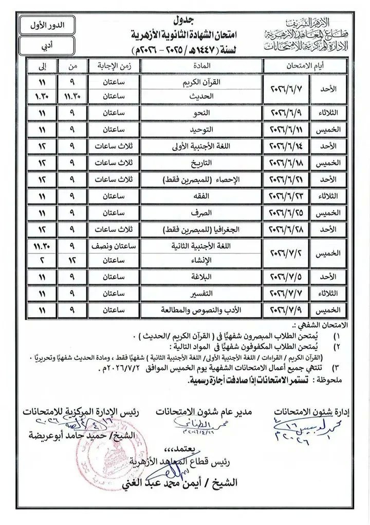 جدول امتحانات  الثانوية الأزهرية